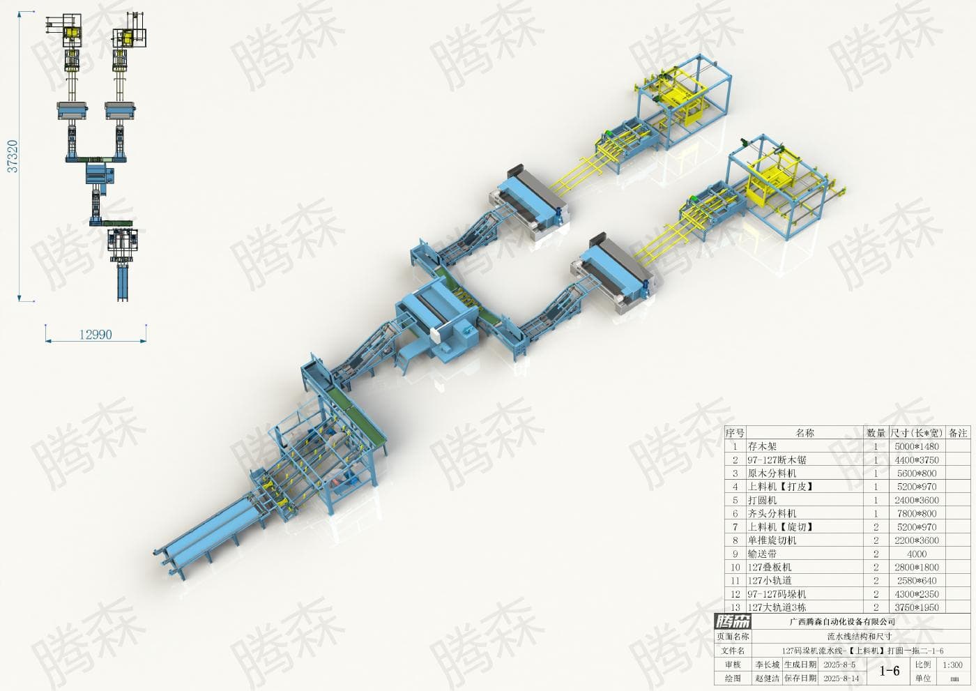 Bố trí dây chuyền máy xếp pallet 127; chiều dài 37, 32 m, chiều rộng 12, 99 m; phương án từ 1 đến 6