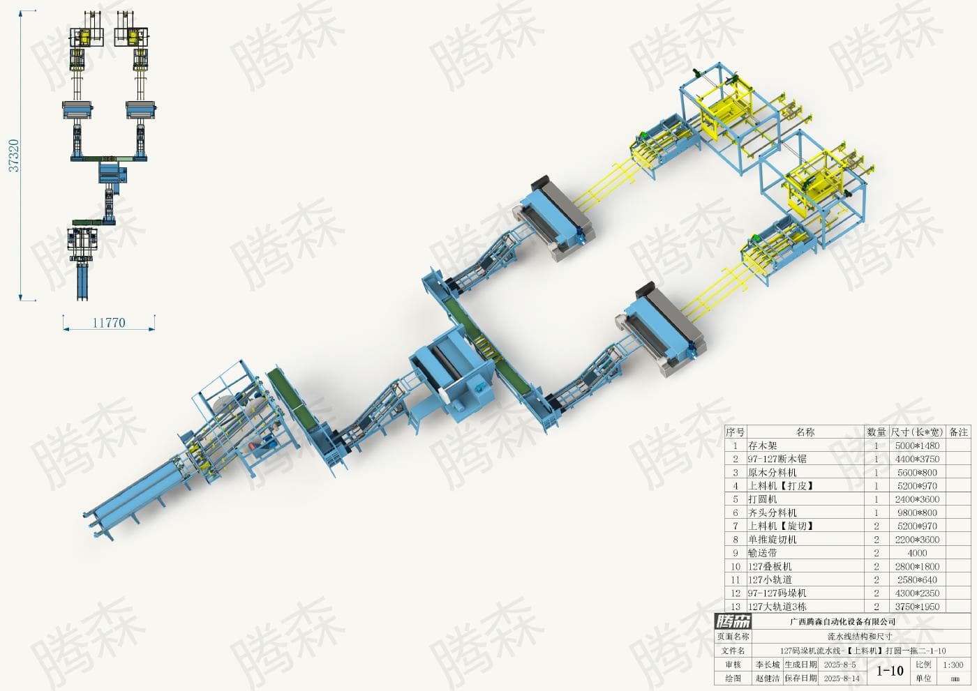 Bố trí dây chuyền máy xếp pallet 127; chiều dài 37, 32 m, chiều rộng 11, 77 m; phương án từ 1 đến 10