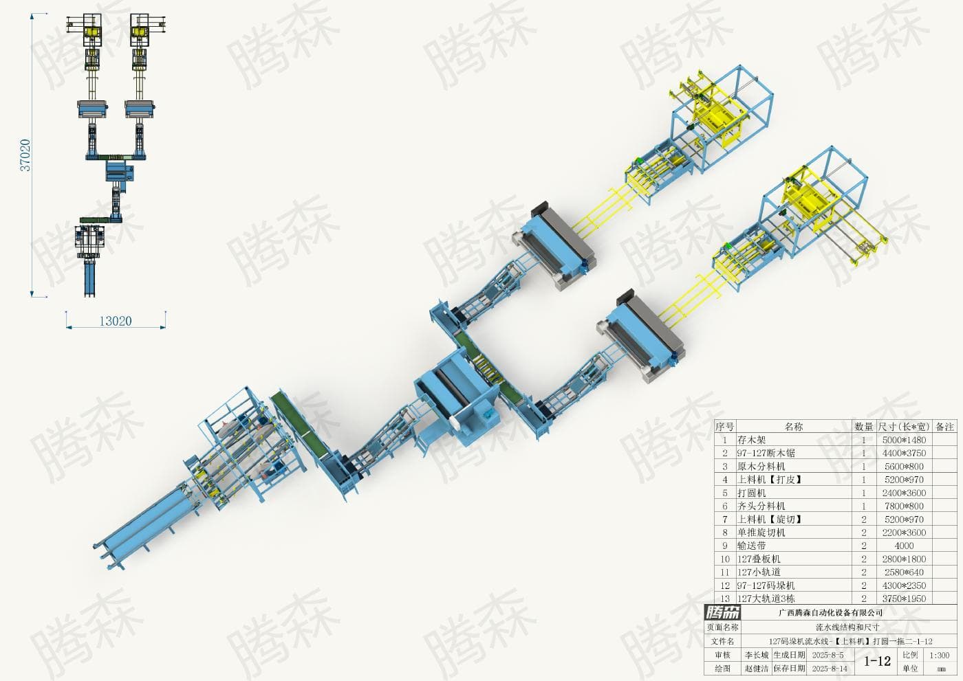 Bố trí dây chuyền máy xếp pallet 127; chiều dài 37, 02 m, chiều rộng 13, 02 m; phương án từ 1 đến 12