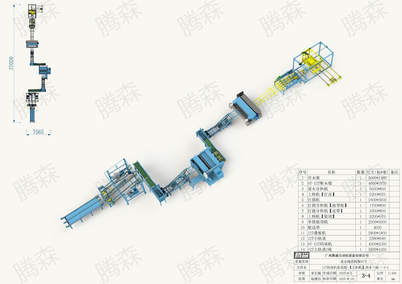 Bố trí dây chuyền máy xếp pallet 127: chiều dài 37, 02 m, chiều rộng 7,565 m; phương án 3–4.