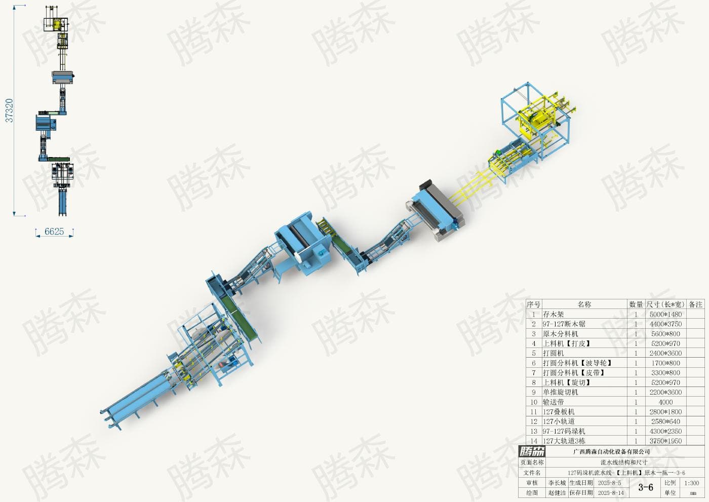 Bố trí dây chuyền máy xếp pallet 127: chiều dài 37, 32 m, chiều rộng 6,625 m, phương án 3–6