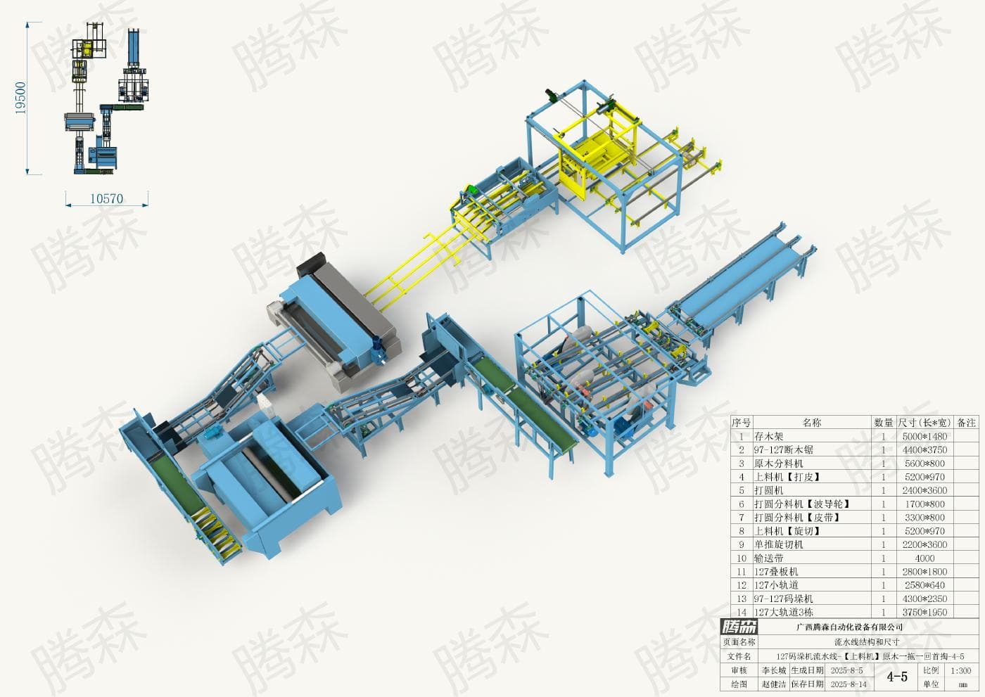 Bố trí dây chuyền máy xếp pallet 127; chiều dài 19,5 m, chiều rộng 10, 57 m; phương án 4–5.