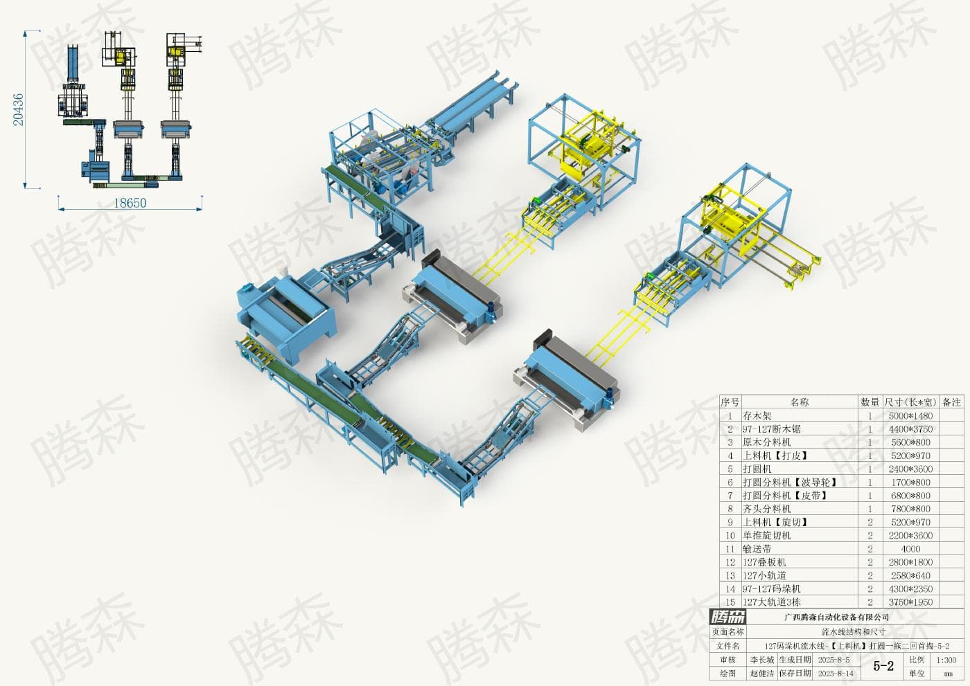 Bố trí dây chuyền máy xếp pallet 127: chiều dài 20,436 m, chiều rộng 18, 65 m, phương án 5-2