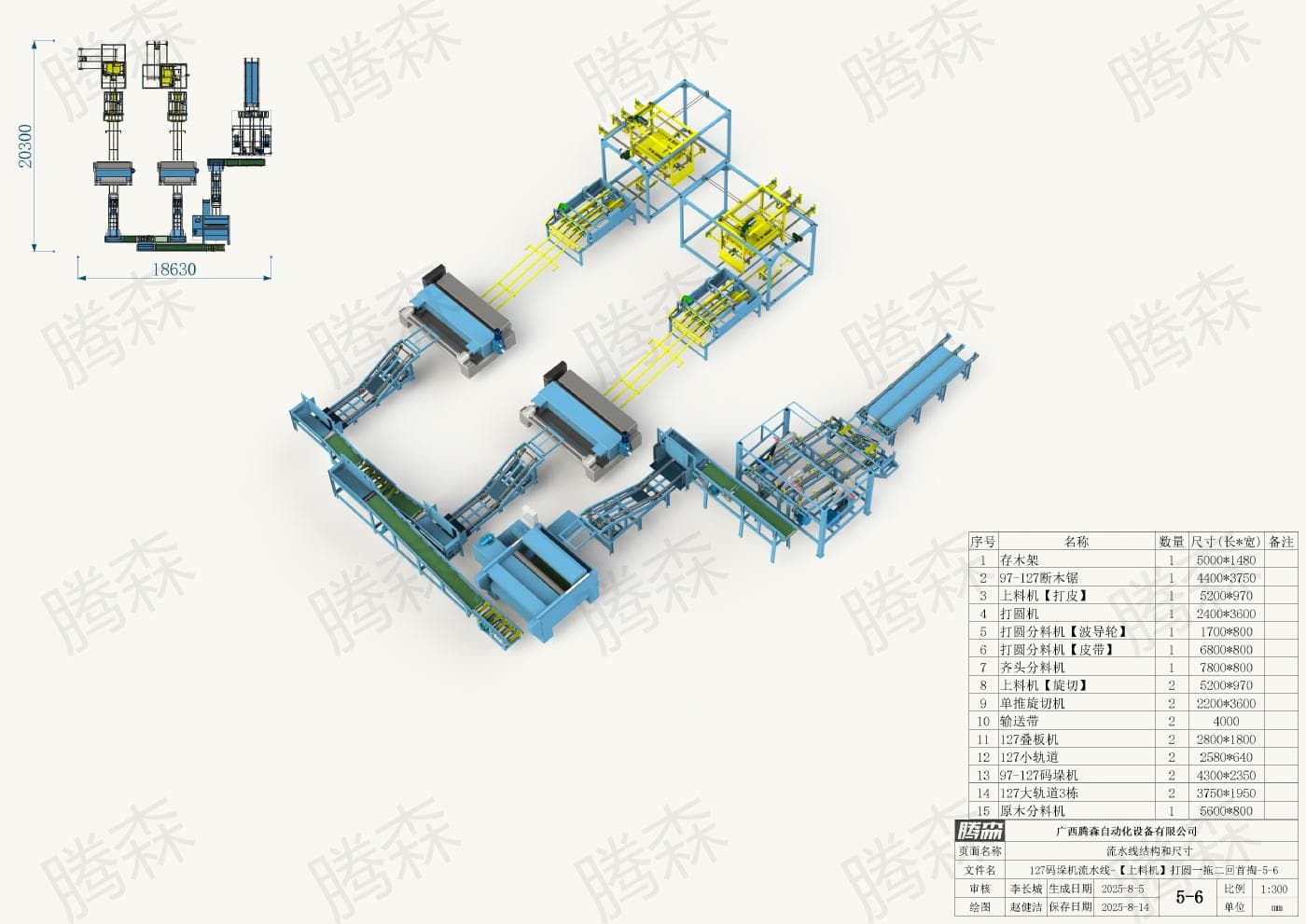 Bố trí dây chuyền máy xếp pallet 127; chiều dài 20,3 m, chiều rộng 18, 63 m; phương án 5–6.