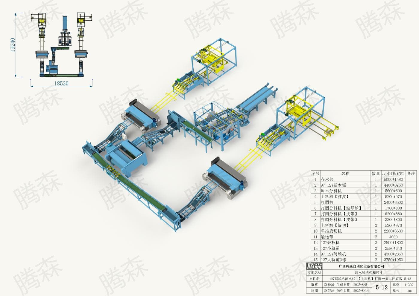 Bố trí dây chuyền máy xếp pallet 127: chiều dài 19, 24 m, chiều rộng 18, 53 m, phương án 5–12
