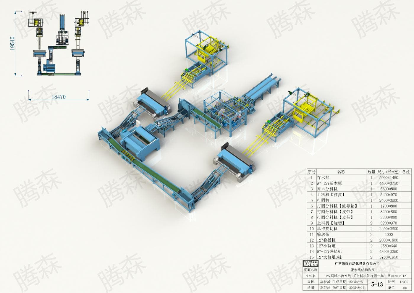 Bố trí dây chuyền máy xếp pallet 127; chiều dài 19, 54 m, chiều rộng 18, 47 m; phương án từ 5 đến 13.