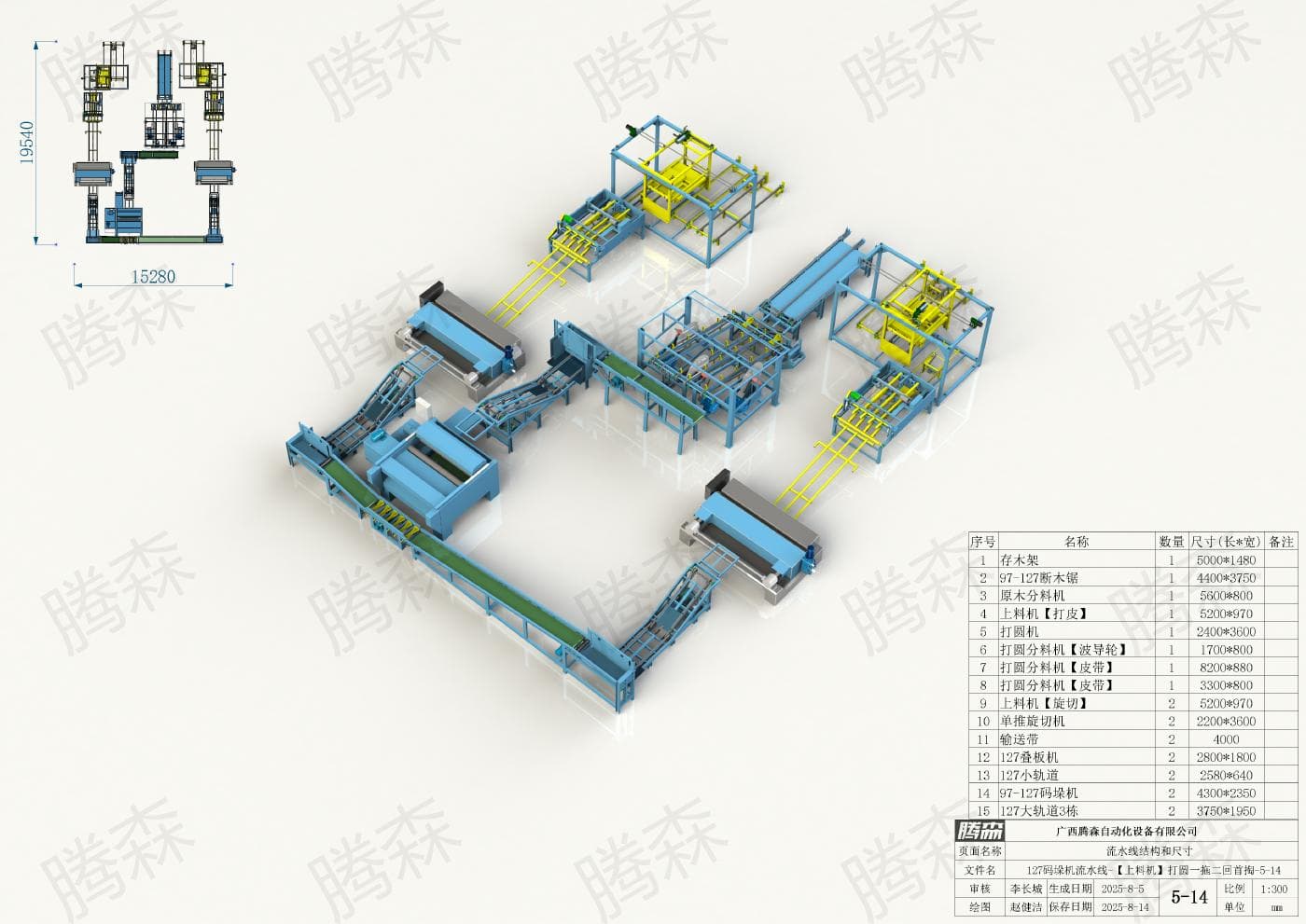Bố trí dây chuyền máy xếp pallet 127; chiều dài 19, 54 m, chiều rộng 15, 28 m; phương án 5–14