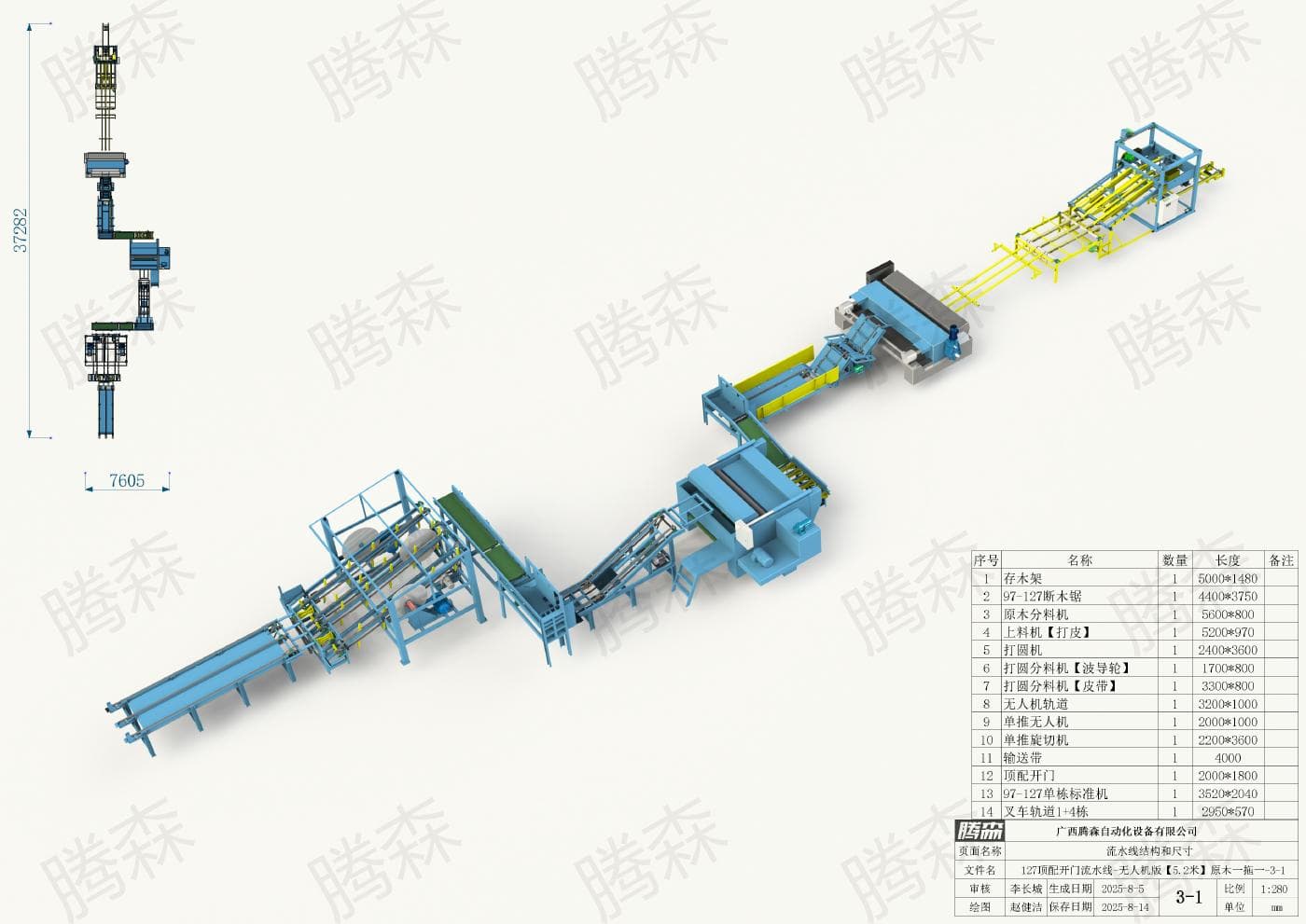 Bố trí dây chuyền mở cửa cao cấp 127, chiều dài 37,282 mét, chiều rộng 7,605 mét, phương án từ 1 đến 8