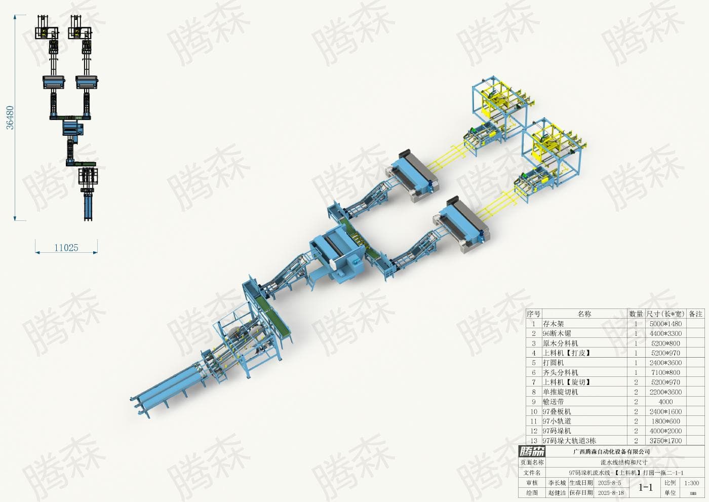 Bố trí dây chuyền máy xếp pallet 97: chiều dài 36, 48 m, chiều rộng 11,025 m, phương án 1-1