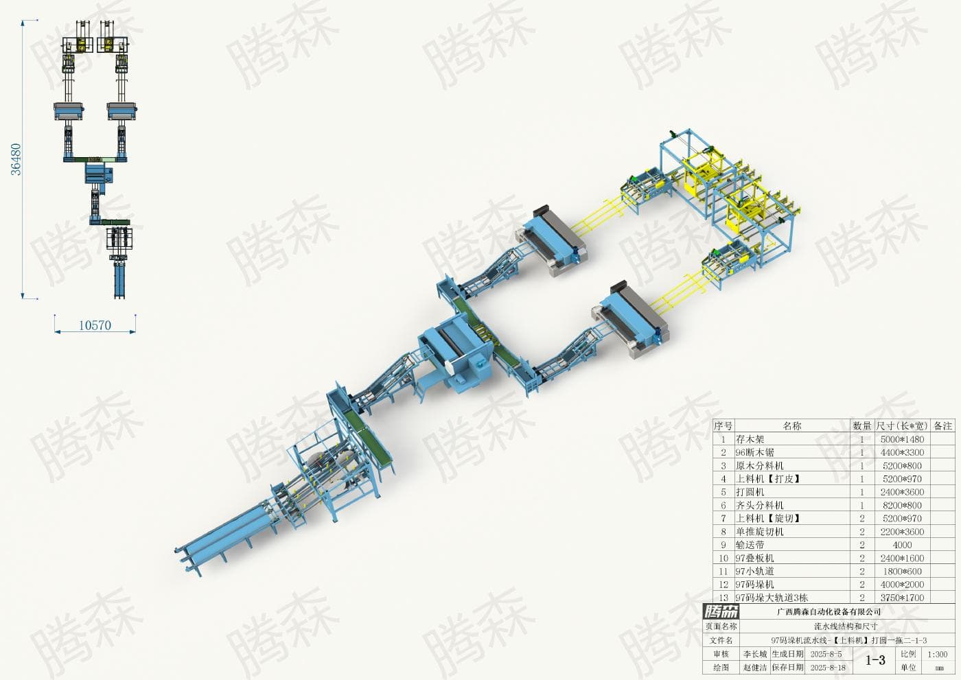 Bố trí dây chuyền máy xếp pallet 97: chiều dài 36, 48 m, chiều rộng 10, 57 m; phương án 1–3