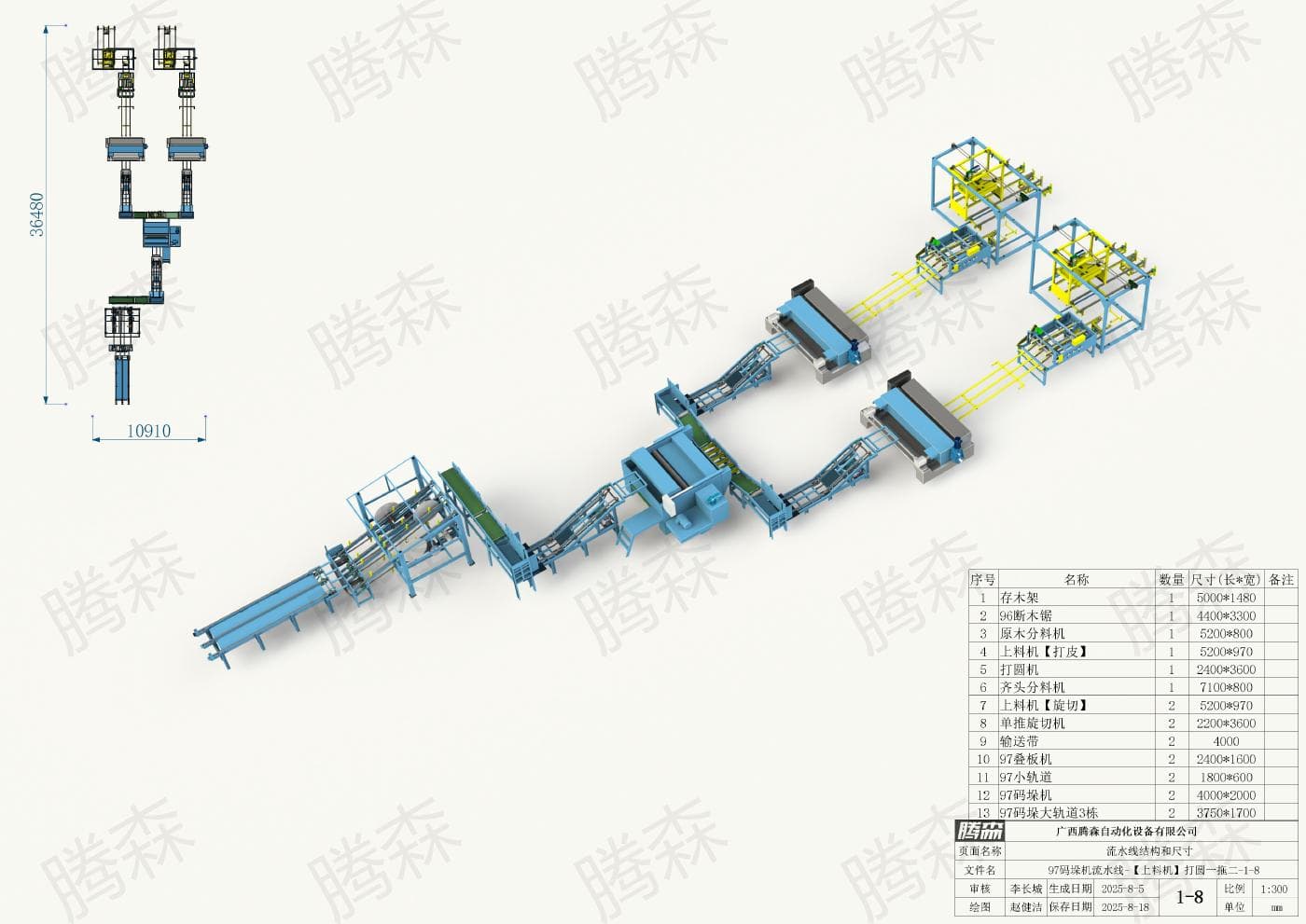 Bố trí dây chuyền máy xếp pallet 97; chiều dài 36, 48 m, chiều rộng 10, 91 m; phương án từ 1 đến 8
