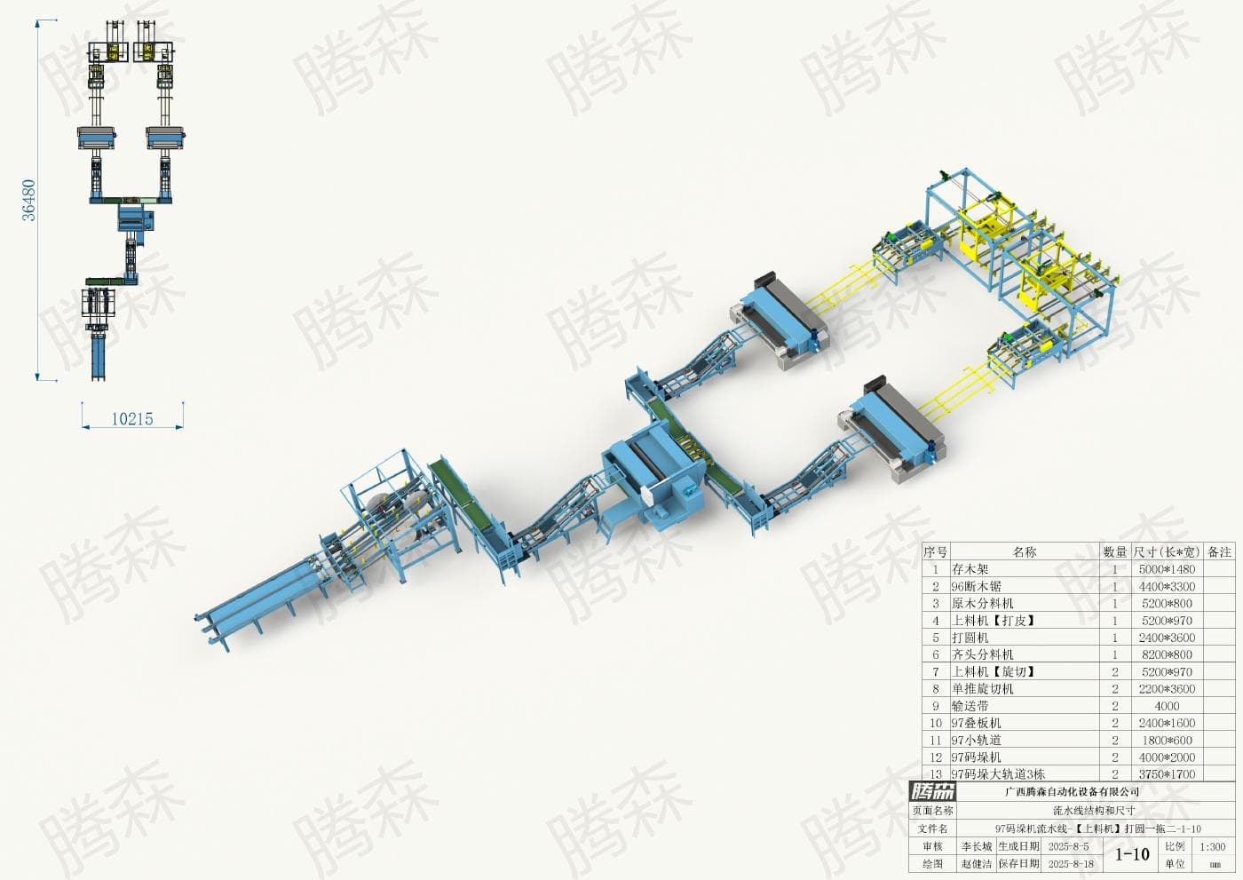 Bố trí dây chuyền máy xếp pallet 97; chiều dài 36, 48 m, chiều rộng 10,215 m; phương án từ 1 đến 10