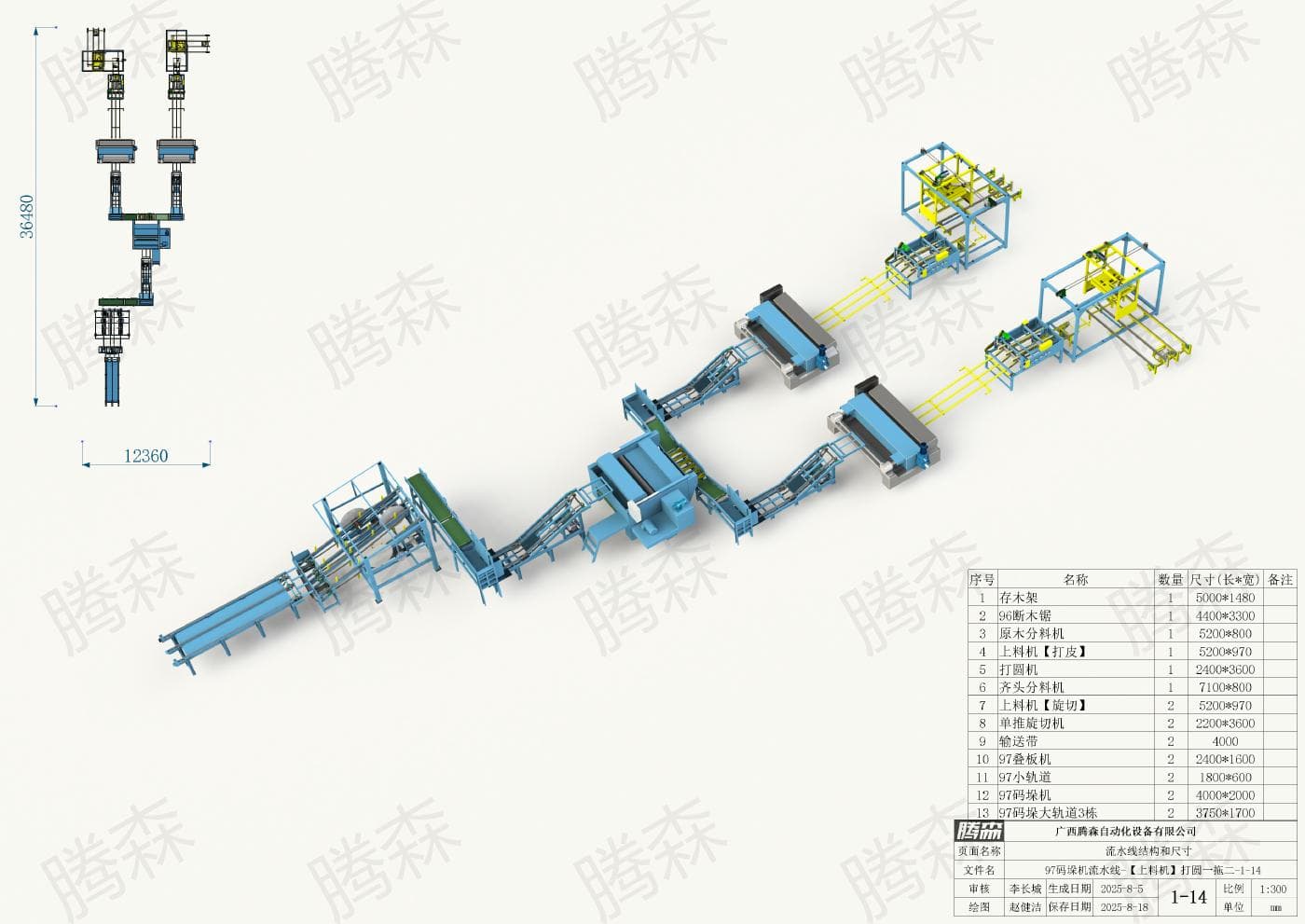 Bố trí dây chuyền máy xếp pallet 97: chiều dài 36, 48 m, chiều rộng 12, 36 m, phương án từ 1 đến 14