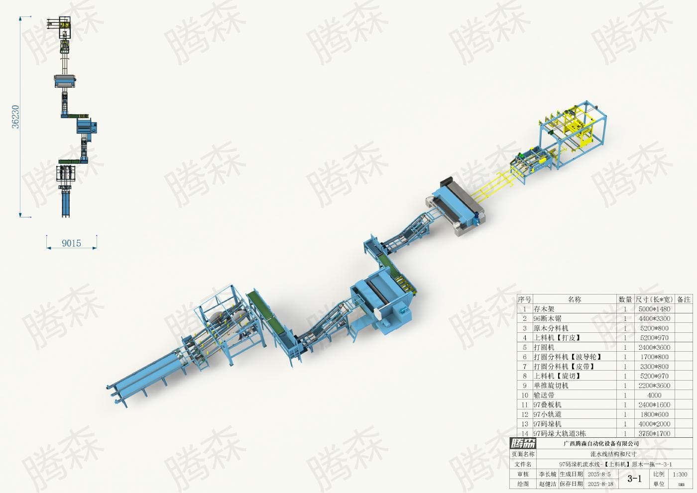 Bố trí dây chuyền máy xếp pallet 97: chiều dài 36, 23 m, chiều rộng 9,015 m, phương án 3-1