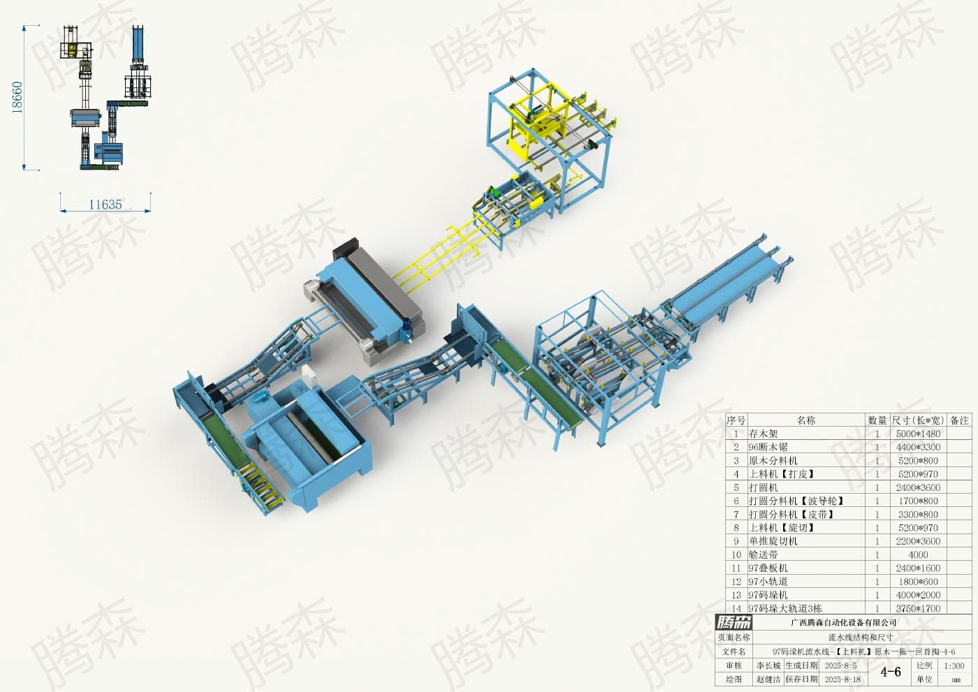 Bố trí dây chuyền máy xếp pallet 97: chiều dài 18, 66 m, chiều rộng 11,635 m, phương án 4–6