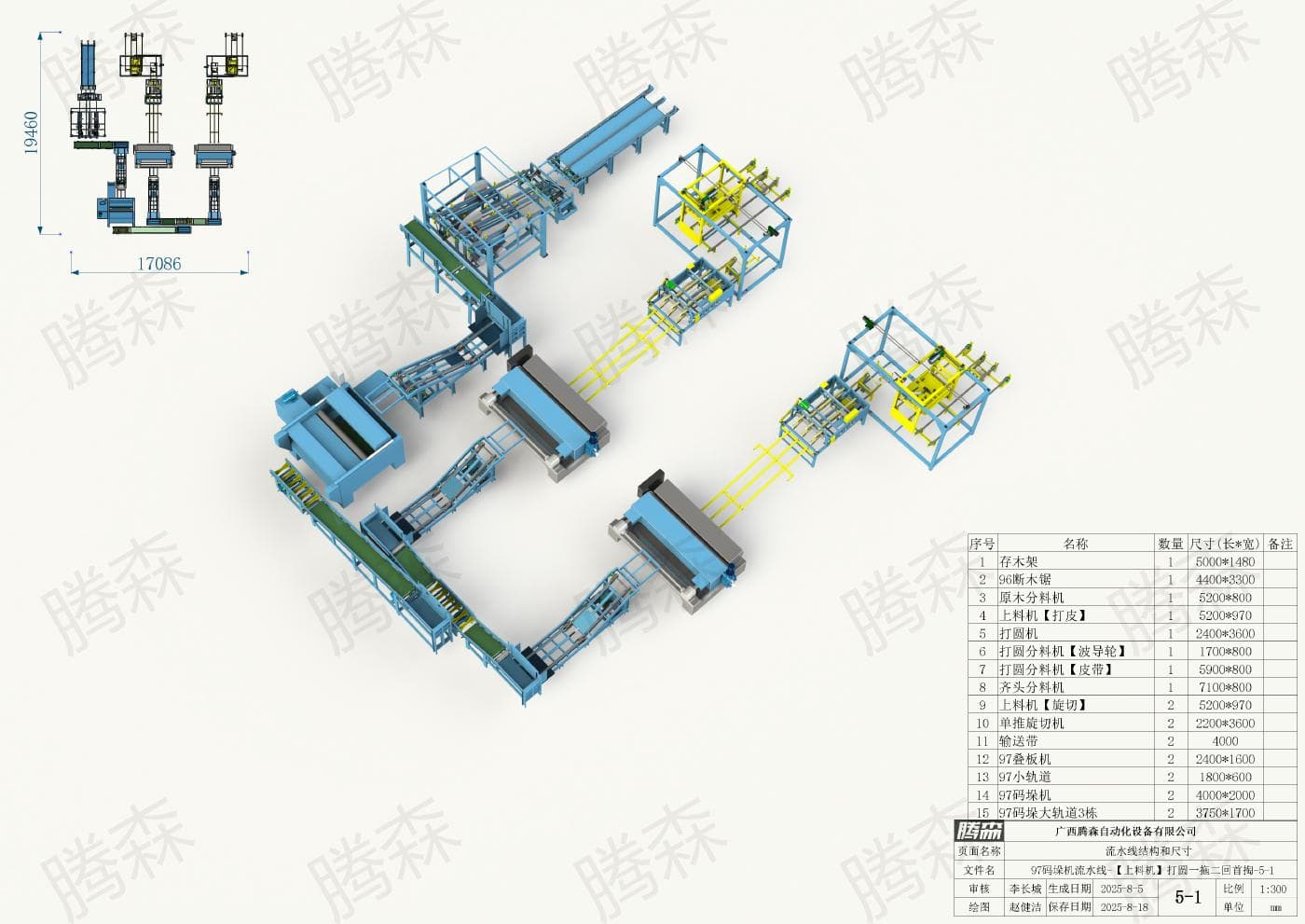 Bố trí dây chuyền máy xếp pallet 97: chiều dài 19, 46 m, chiều rộng 17,086 m, phương án 5-1