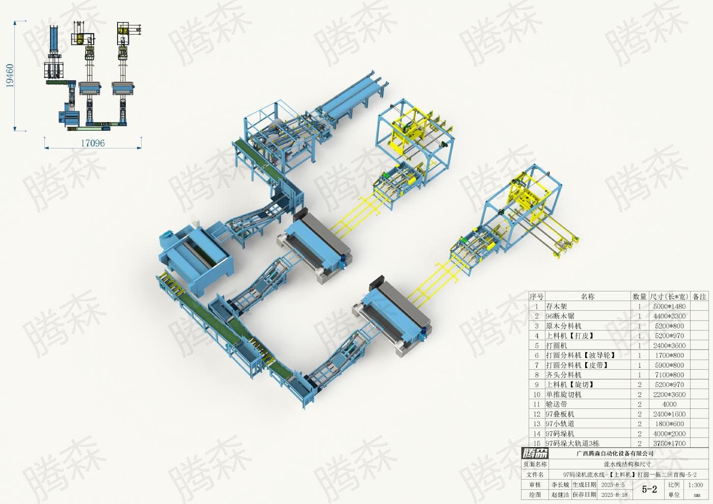 Bố trí dây chuyền máy xếp pallet 97: chiều dài 19, 46 m, chiều rộng 17,096 m, phương án 5-2
