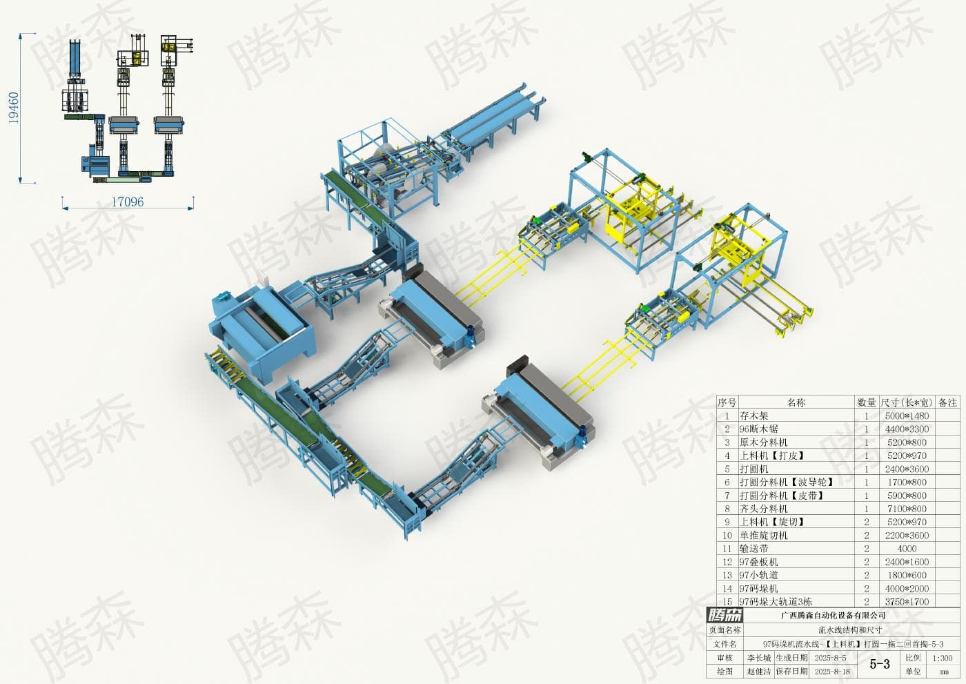 Bố trí dây chuyền máy xếp pallet 97: chiều dài 19, 46 m, chiều rộng 17,096 m, phương án 5-3