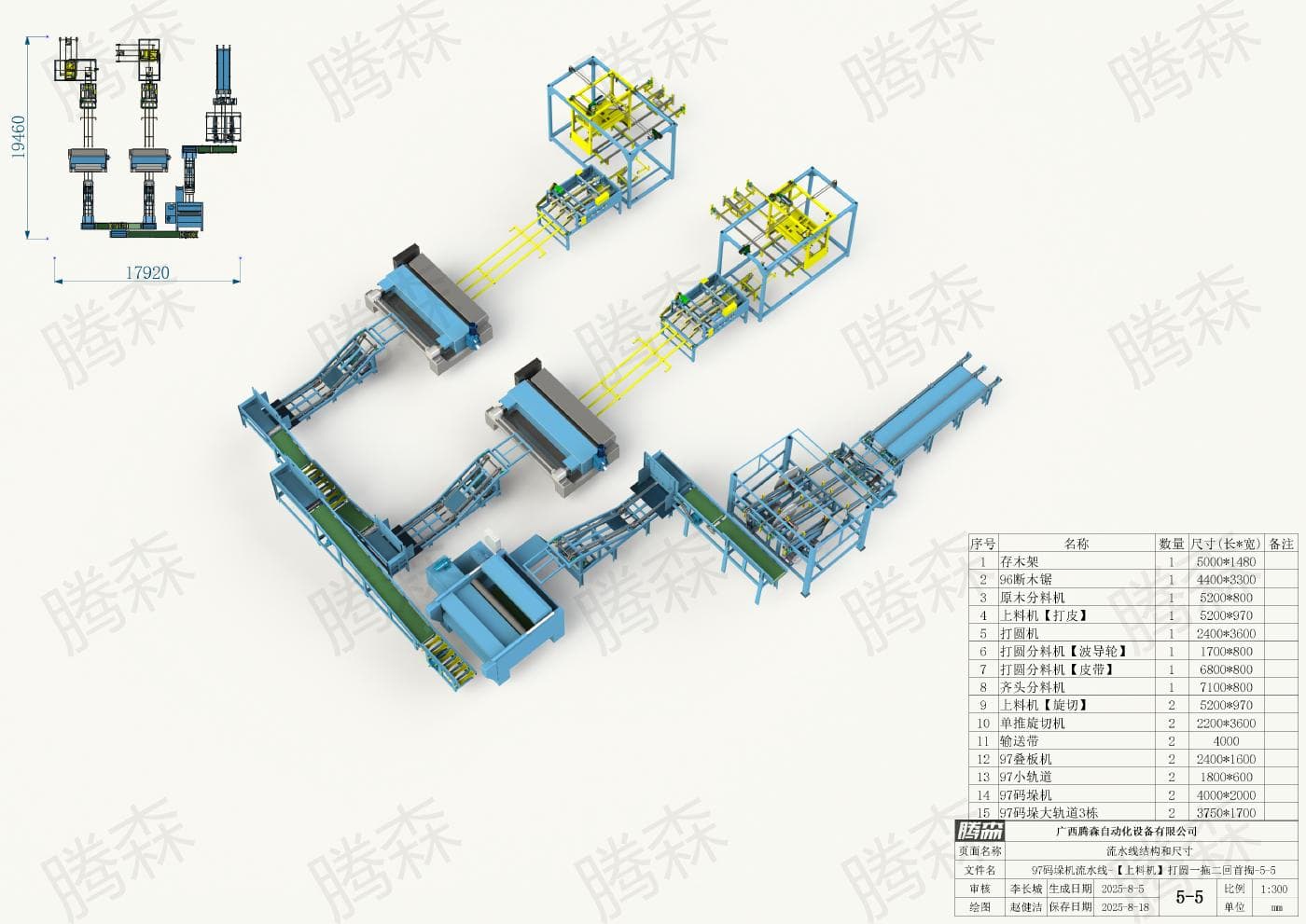 Bố trí dây chuyền máy xếp pallet 97: chiều dài 19, 46 m, chiều rộng 17, 92 m, phương án 5-5