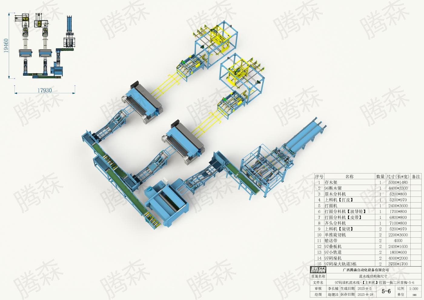 Bố trí dây chuyền máy xếp pallet 97: chiều dài 19, 46 m, chiều rộng 17, 93 m; phương án 5–6.