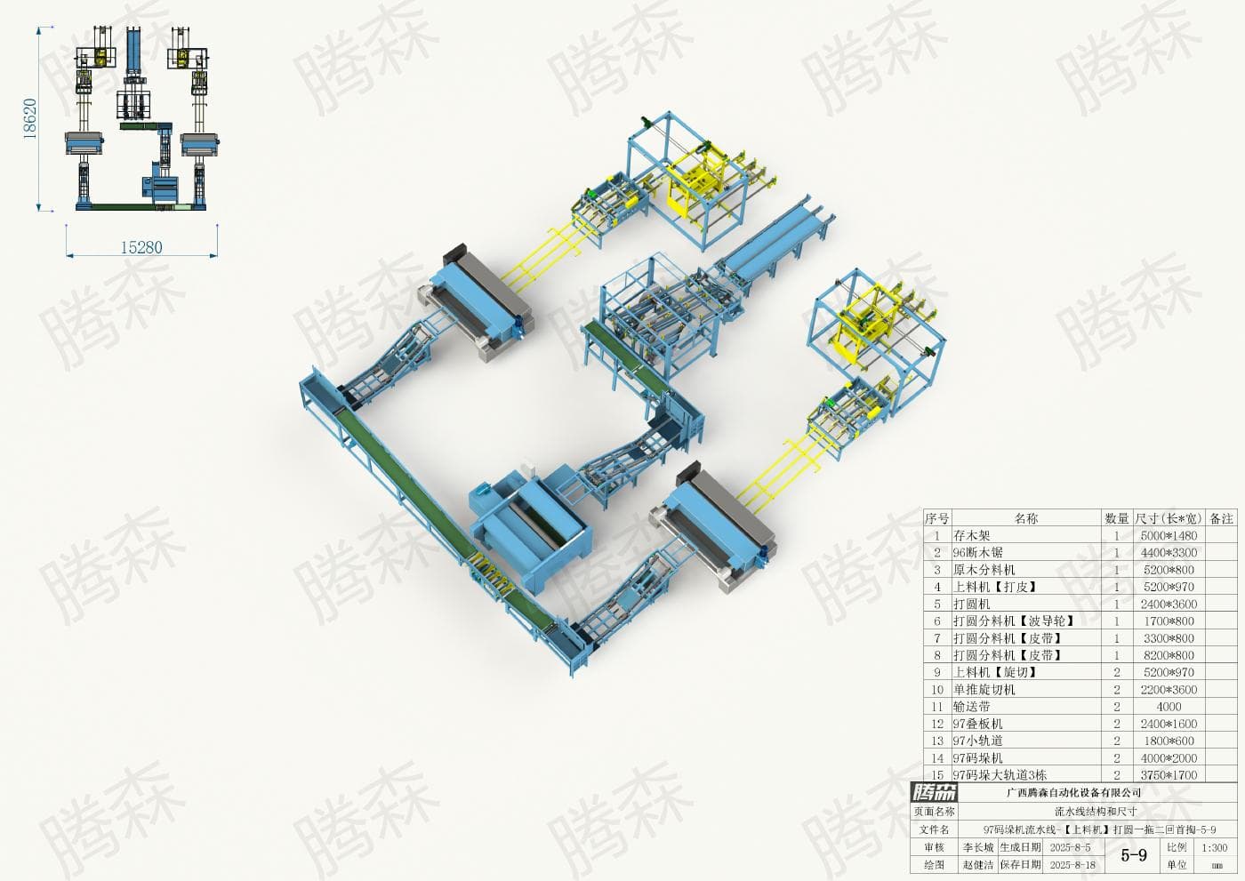 Bố trí dây chuyền máy xếp pallet 97: chiều dài 18, 62 m, chiều rộng 15, 28 m, phương án 5–9