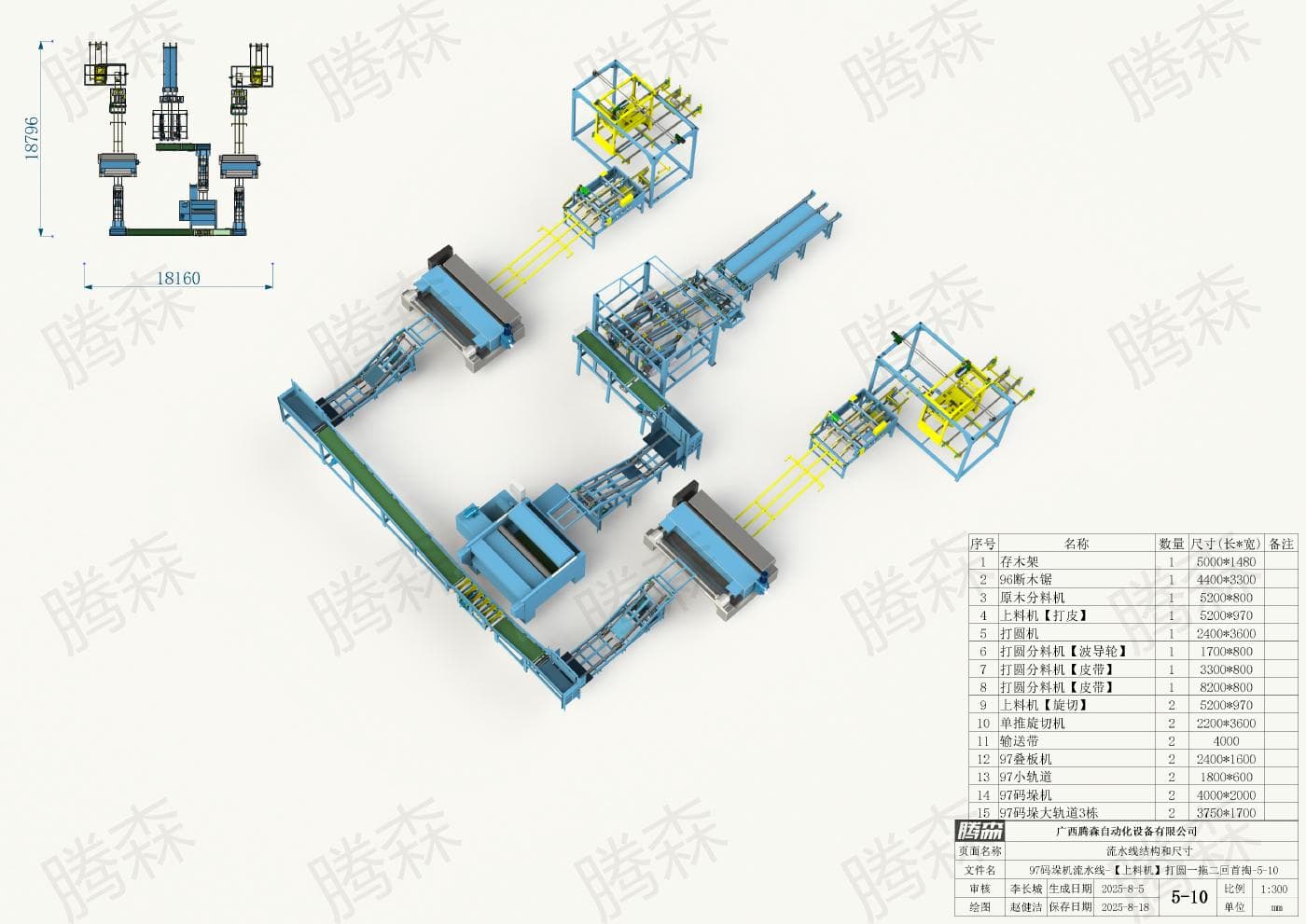 Bố trí dây chuyền máy xếp pallet 97: chiều dài 18,796 m, chiều rộng 18, 16 m; phương án 5–10.