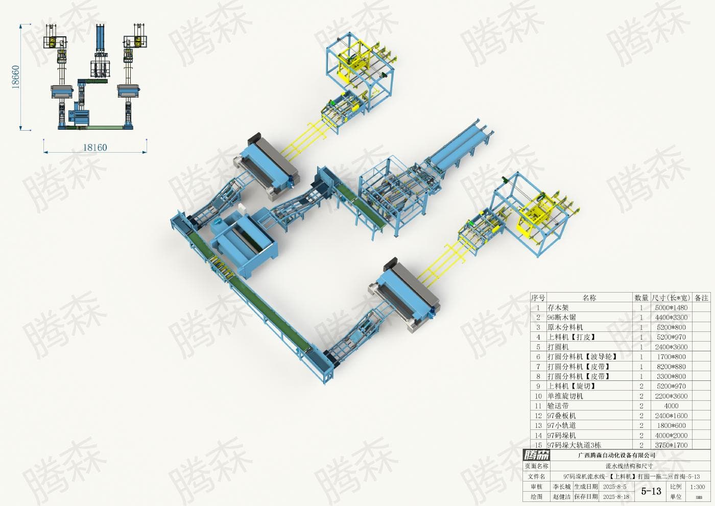 Bố trí dây chuyền máy xếp pallet 97: chiều dài 18, 66 m, chiều rộng 18, 16 m, phương án 5–13