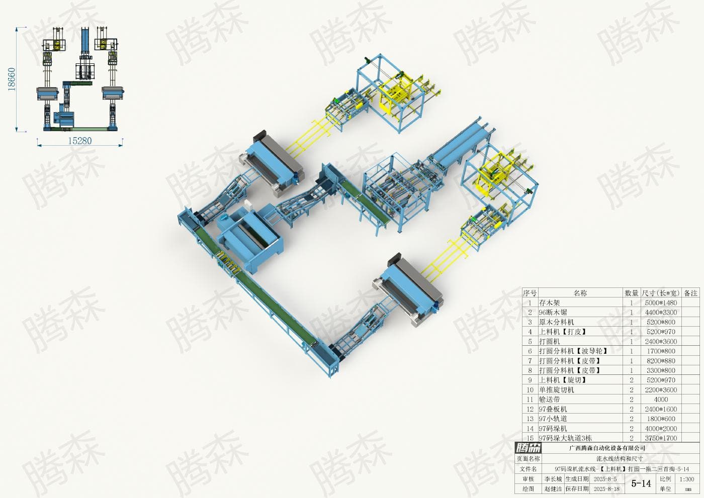 Bố trí dây chuyền máy xếp pallet 97: chiều dài 18, 66 m, chiều rộng 15, 28 m, phương án 5–14